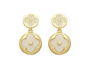 Brinco Trevo Redondo Duplo em Madrepérola no Banho de Ouro 18K