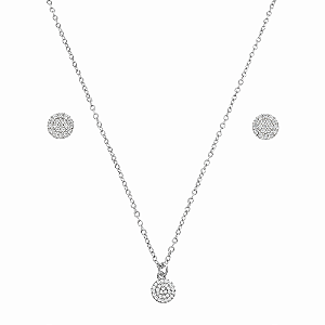 Conjunto Redondo Zircônias Incolor Banho de Ródio Branco