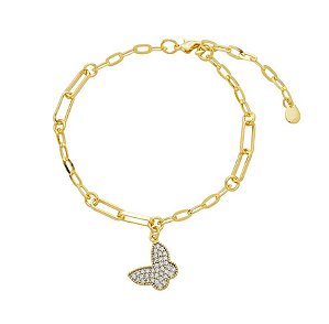 Pulseira Elos de Borboleta Cravejada no Banho de Ouro 18K