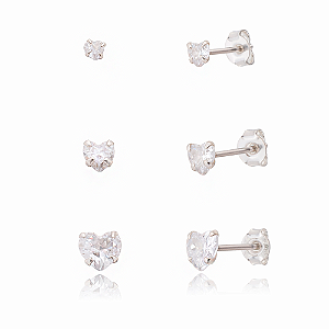 Trio Pontos de Luz Corações Prata 925 Zircônias Incolor