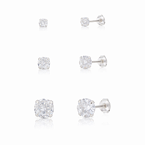 Trio de Brincos Ponto de Luz em Prata 925 com Zircônia Incolor
