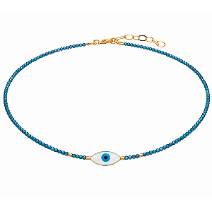 Colar Handmade Azul Claro com Olho Grego Banho de Ouro 18K
