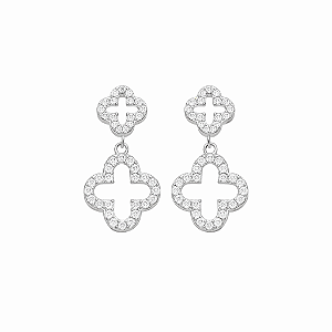 Brinco Trevo Duplo Vazado Entorno Zircônias no Banho de Ródio