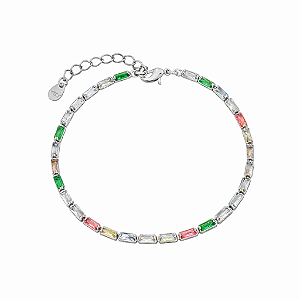 Pulseira Riviera Zircônias Retangulares Coloridas Banho de Ródio Branco