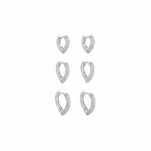Basiquinhos Argolas Corações e Zircônias Incolor no Banho de Ródio