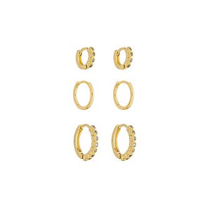 Basiquinhos: Trio Argolas Cravejadas em Zircônia Incolores no Banho de Ouro 18K