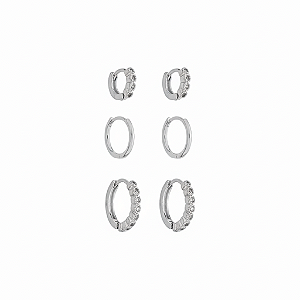 Basiquinhos: Trio Argolas Cravejadas em Zircônia Incolores no Banho de Ródio