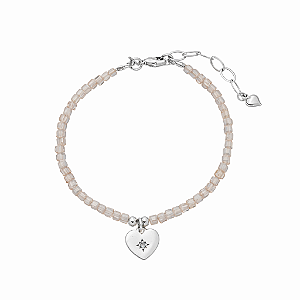 Pulseira Handmade Zircônias Morganite Pingente Coração Banho de Ródio Branco