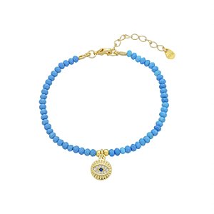 Pulseira Handmade Zircônias Azul Turquesa Olho Grego Banho de Ouro 18k