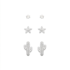 Basiquinhos: Trio Cacto, Flor e Ponto de Luz  Banho de Ródio Branco