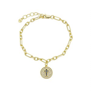 Pulseira Medalha Cruz em Safira Cravejada no Banho de Ouro 18K