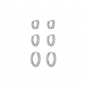 Basiquinhos Trio de Argolas Pontilhadas em Zircônia no Banho de Ródio