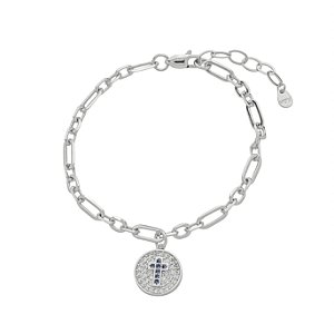 Pulseira Medalha Cruz em Safira Cravejada no Banho de Ródio