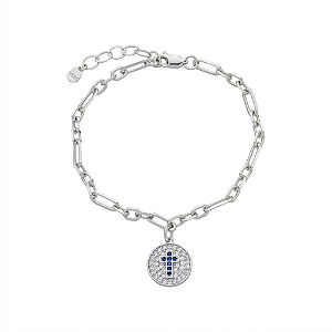 Pulseira Medalha Cruz em Safira Cravejada no Banho de Ródio