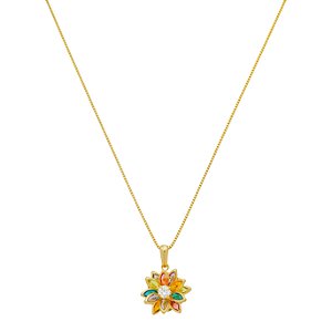 Colar Flor Lótus Pétalas Coloridas Banho de Ouro 18k