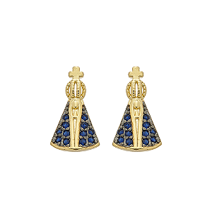 Brinco Pequeno Nossa Senhora Aparecida Zircônia Azul Banho de Ouro 18k