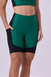BERMUDA 4 BOLSOS C/ ZIPER NO COS 18CM TEXTURIZADA FEM | VERDE / PRETO