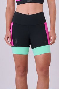 BERMUDA GRIT BOSSA 3 BOLSOS 15CM PRETO/PINK FLUOR/VERDE MENTA