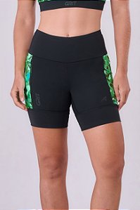 BERMUDA GRIT BOSSA 3 BOLSOS 15CM PRETO/ESTAMPA FLORESTA