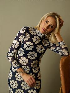 Blusa Tule Estampada Marinho