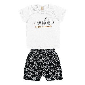 Conjunto Roupa De Bebê Menino Camiseta Shorts Animais Off White