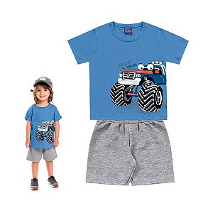 Conjunto Roupa de Bebê Infantil Calor Camiseta Bermuda Azul Carro