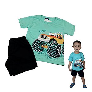 Conjunto Roupa de Bebê Infantil Calor Camiseta Bermuda Verde Carro