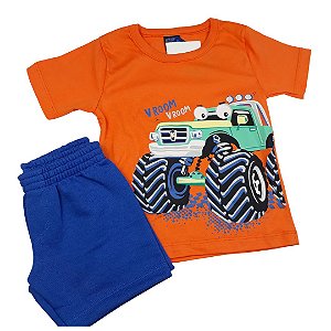 Conjunto Roupa de Bebê Infantil Calor Camiseta Bermuda Laranja Carro