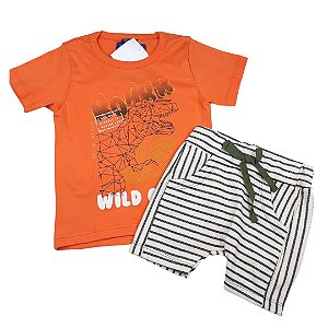 Conjunto Roupa de Bebê Infantil Calor Camiseta Bermuda Laranja Dino