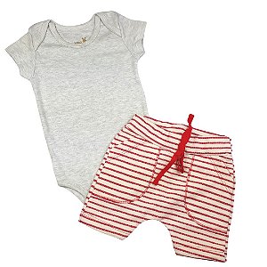 Conjunto Roupa de Bebê Calor Body Manga Curta Bermuda Saruel Cinza Mescla