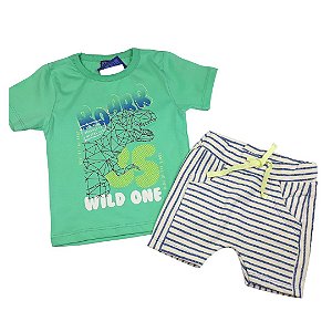 Conjunto Roupa de Bebê Infantil Calor Camiseta Bermuda Verde Dino