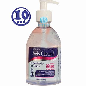 10 Álcool em Gel para mãos 70° Aviv Clean 500 ml Antisséptico Higienizador