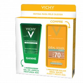 Kit Vichy Protetor Solar Ideal Soleil Purify Média FPS 70 40g + Gel de Limpeza Profunda Normaderm 40g