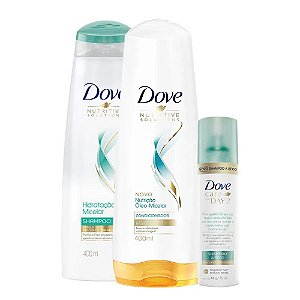 Kit Dove Nutritive Solutions Micelar Shampoo Hidratação 400ml + Condicionador Nutrição 400ml + Shampoo a Seco Care On Day 2 75ml