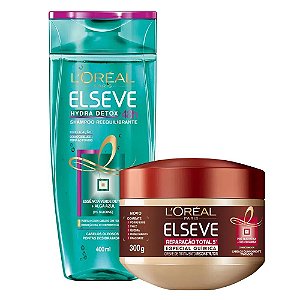 Kit Elseve Shampoo Hydra Detox 48h Antioleosidade 400ml + Creme de Tratamento Reparação Total 5 Especial Química 300ml