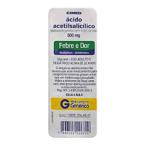 Ácido Acetilsalicílico 500mg Adulto 10 Comprimidos Cimed Genérico