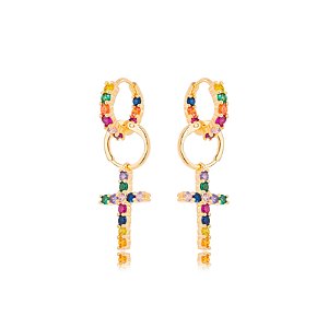 Brinco Religioso Argola Cruz Zircônia Color