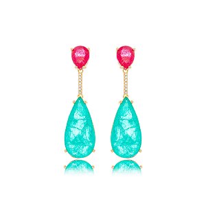 Brinco Gota Fusion Turmalina e Magenta (verde e rosa)  - Ouro