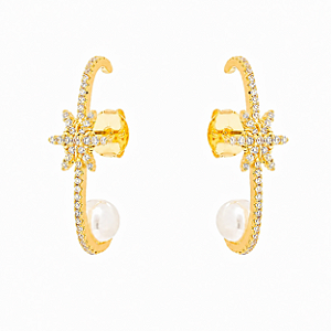 Brinco Ear Hook Estrela Cravejado e Pérola – Banho em Ouro 18K