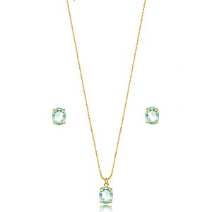 Conjunto Oval Aqua Marinha - Ouro