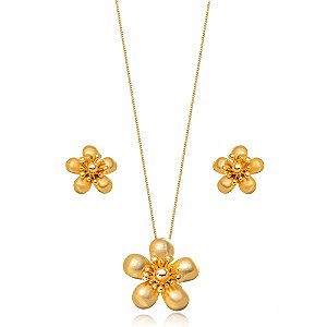 Conjunto Semijoia Flor Lisa - Ouro