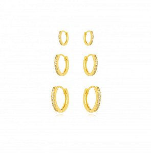 Brinco 3 Furos Argola Micro Zircônia - Ouro