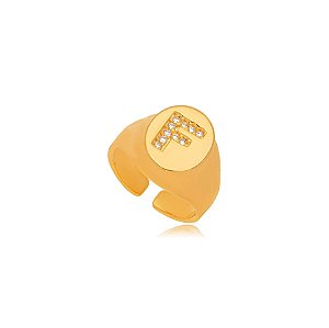 Anel Mindinho Letra F  Micro Zircônia - Ouro Regulável