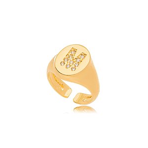 Anel Mindinho Letra M Micro Zircônia - Ouro Regulável