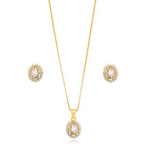 Conjunto Oval Cravejado - Ouro Rosa Quartzo