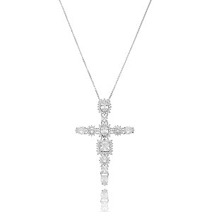 COLAR RELIGIOSO DE CRUZ GRANDE COM CRISTAIS - Ródio Branco