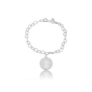 Pulseira Religiosa Elos Coração São Bento - Ródio Branco
