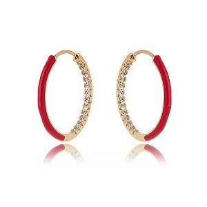Brinco Argola Resinada Vermelho Cravejada - Ouro