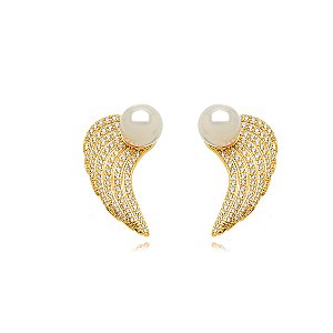 Brinco em Perola com Asa Cravejada - Ouro