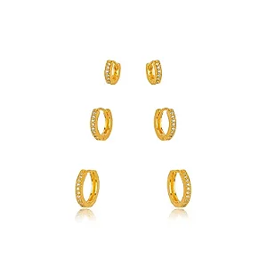 Brinco Trio Argola Micro Zircônia - Ouro